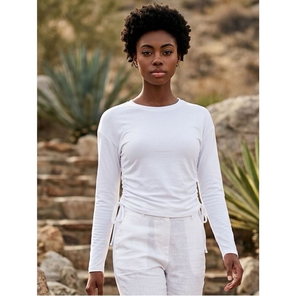 NWT Como Vintage Women’s White Long Sleeve Crew Neck Blouse Top Gathered H - XL